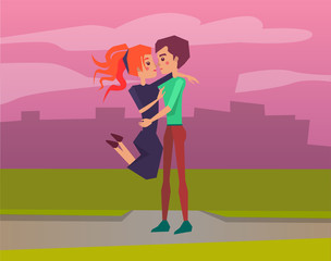 Love and romance, couple on date hugging at sunset vector. Dawn, man and woman, relationship and dating, cityscape or view, boyfriend and girlfriend