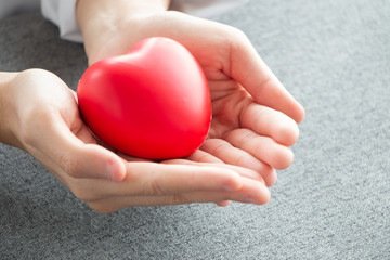 Close up photo of red heart shape in female hands on grey background. Love, health and insurance concept