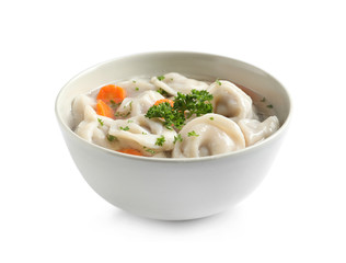 Bowl of tasty dumplings in broth isolated on white