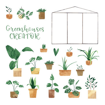 Watercolor Greenhouse CREATOR With Plants In Flower Pots. Hand Drawn Botanical Illustration. Perfect For Poster, Sticker, Printable