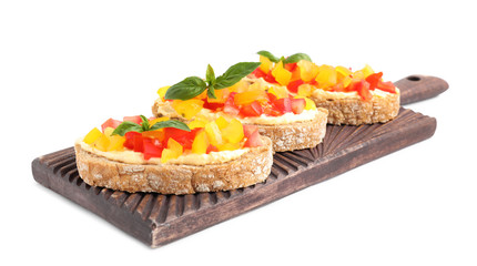 Tasty fresh tomato bruschettas on white background
