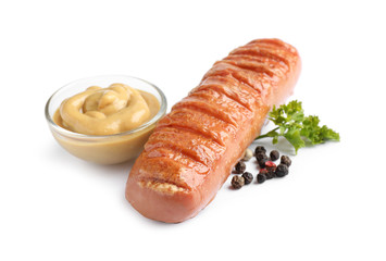 Delicious grilled sausage and sauce on white background. Barbecue food