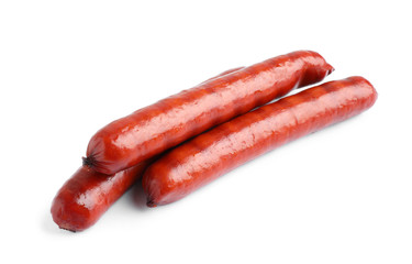 Delicious grilled sausages on white background. Barbecue food