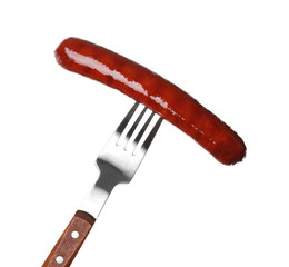Delicious grilled sausage on fork against white background. Barbecue food