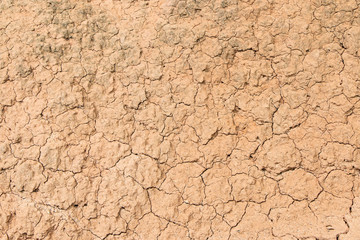 Top view of dry ground surface or cracked soil texture background in arid season, Global warming concept with copy space.