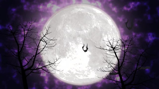 Halloween themed background with flying animated bats and scary trees. Ready to drop into your creative projects.