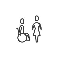 Nurse and disabled patient line icon. linear style sign for mobile concept and web design. Nurse and handicapped man outline vector icon. Symbol, logo illustration. Vector graphics