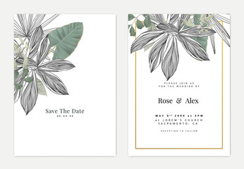 Minimalist botanical wedding invitation card template design, black and white leaves line art ink drawing and various green leaves on white