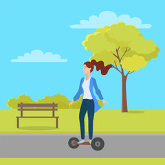 Woman riding on electric scooter in green city park with trees and houses on background. Vector cartoon style girl on self-balancing board, new hoverboard gadget