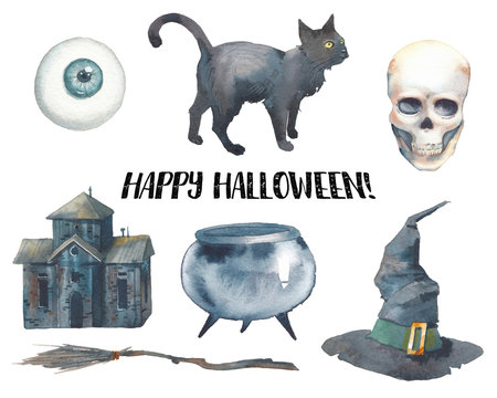 Watercolor Halloween set. Hand drawn holiday icons isolated on white background. Retro scary house, broom, skull, witch hat, cauldron, black cat and eye