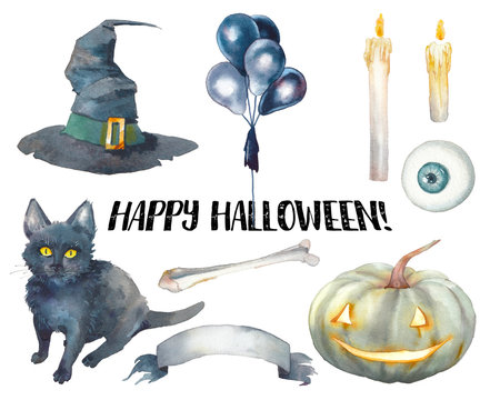 Watercolor Halloween set. Hand drawn holiday icons isolated on white background. Candles, party balloons, bone, pumpkin, witch hat, cauldron, black cat and eye