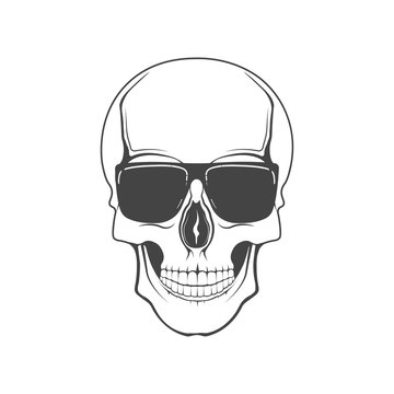 Vector graphic logo concept. Human skull with glasses. Symbol emblem, element, print.