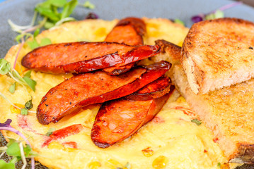 Spanish Omelette topped with slices of grilled chorizo