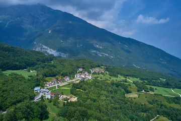Fototapeta na wymiar Panoramic view of the ski resort Andalo Trento northern Italy. Aerial view, summertime.