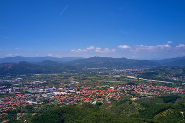 Aerial photography. Panoramic view of the Alps north of Italy. Trento Region, San Lorenzo Dorsino. Great trip to the Alps