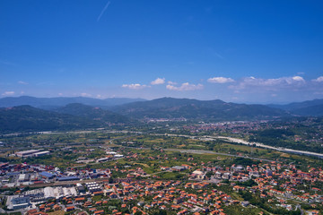 Aerial photography. Panoramic view of the Alps north of Italy. Trento Region, San Lorenzo Dorsino....