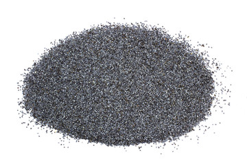 Heap of dry poppy seeds isolated on white