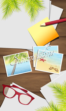 Tropical photos with sea landscapes on the wood wall. Summertime collage. Frame with palm leaves and blank paper. Place for inscription. Vector, EPS 10