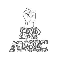 Rap music logo. Concept of vector musical emblem. Graffiti text and hand. Design element for rap fest, performance, battle, school, studio. Musical symbol.