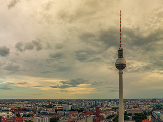 Obraz premium BERLIN, GERMANY - August 11, 2019 - Panoramic view over Berlin at evening from the roof of the Hotel Park Inn Berlin