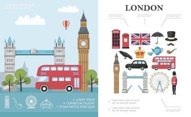 Flat Travel To London Concept - obrazy, fototapety, plakaty