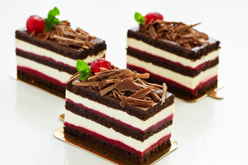 Chocolate cake with black forest cherries.
