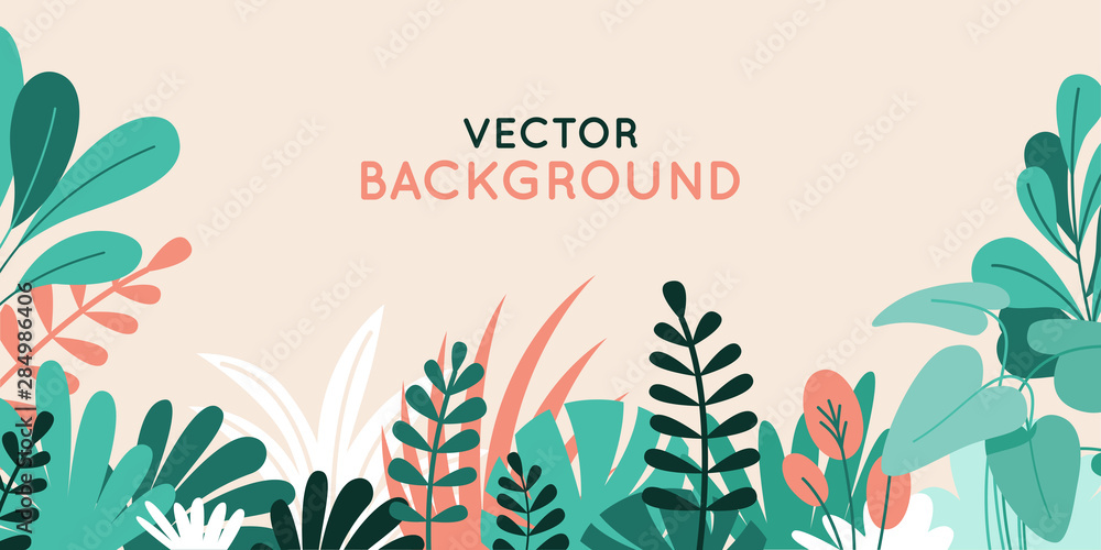 Poster Vector illustration in simple flat style with copy space for text - background with plants and leaves