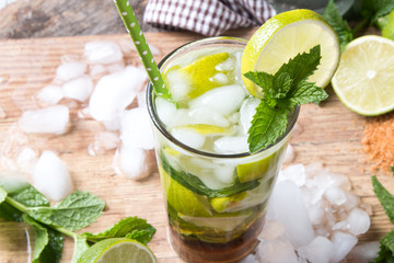 Mohito lime drinks on wooden background. 