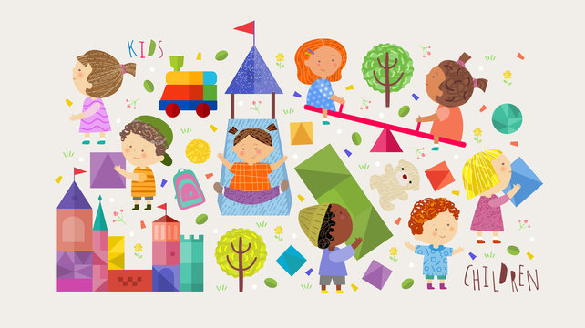 Children and kids! Set of objects: vector illustrations of cute boys and girls on a playground on the street, on a swing, children build a town and a tower, ride a slide and play. 
