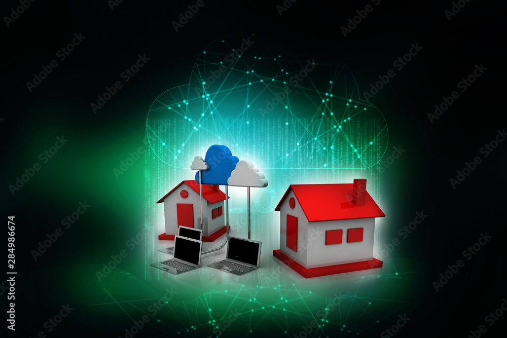 Poster 3d rendering computer network with home