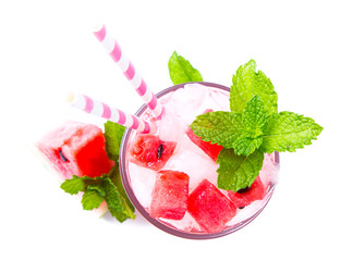 Glass of water melon soda drink isolated on white background