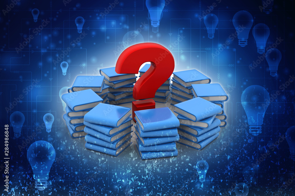Poster 3d rendering books with question mark symbol
