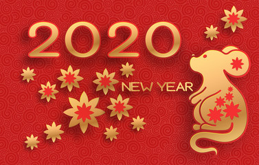 Fototapeta na wymiar Golden mouse on a textured red background. Template on the theme of the Chinese horoscope. Eastern calendar. Year of the mouse. Free space. Greeting card.