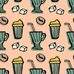 Drinking coffee, tea seamless pattern on a light pink background. Hand drawn vector doodle illustration of retro style.