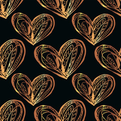 Golden hearts seamless pattern on a black background. Hand drawn vector illustration.