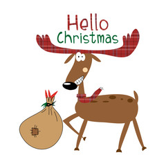 Hello Christmas text, with funny smiley reindeer, bag and carrots.