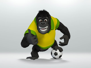 gorilla gave a thumbs up, with foot in soccer ball. 3D Illustration.