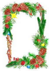 Watercolor hand painted nature, Christmas square border frame of branches with green Christmas tree branches and brown cones, decorated with red apples, berries and toys, for invitations and greeting