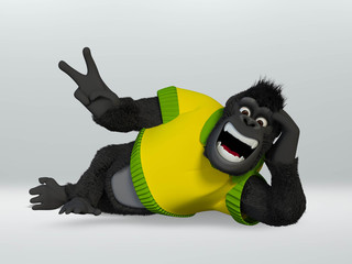 gorilla lying down relaxing making victory sign with his hand. 3D Illustration.