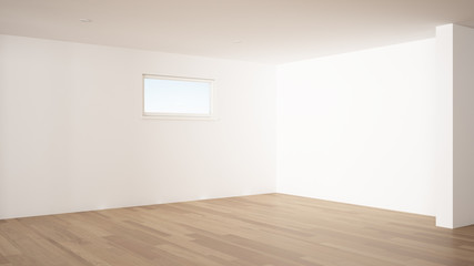 Fototapeta premium Empty room interior design, open space with big panoramic window, balcony on sea panoramic view, parquet wooden floor, modern contemporary architecture