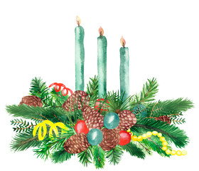 Watercolor hand painted new year decoration composition with green christmas tree fir branches, brown cones, toys beads and three green candles in the middle for invitations and greeting cards