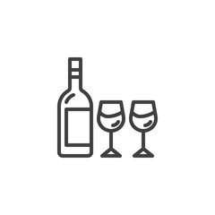 Wine bottle and two wine glasses line icon. linear style sign for mobile concept and web design. Alcohol drinks menu outline vector icon. Symbol, logo illustration. Vector graphics