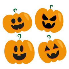 Set of Halloween scary pumpkins. Gift ,flat, poster, greeting card style vector spooky and creepy pumpkins.