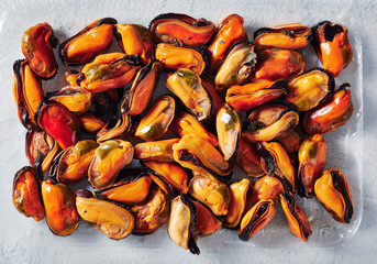 cooked mussels on an opacity plastic tray