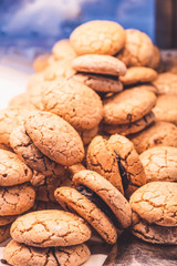 Biscuit cookies with a chocolate layer. Closeup