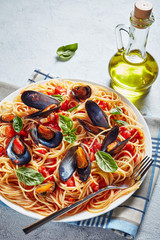 vertical view of tasty spaghetti with mussels