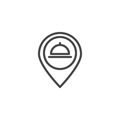 Restaurant Location pin line icon. Food delivery linear style sign for mobile concept and web design. Food platter, map marker outline vector icon. Symbol, logo illustration. Vector graphics
