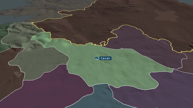 Cavan - county of Ireland with its capital zoomed on the administrative map of the globe. Animation 3D