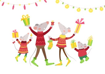 Mice family happy with presents flat vector illustration