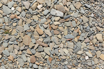 Pebbles on the sea coast, top view. Background image.
